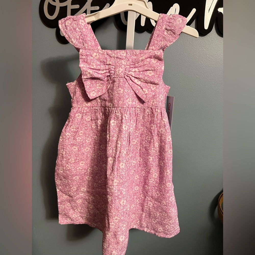 Cat & Jack Pink Tank Floral Dress with Bow with Silver Pinstripe and Pockets NWT